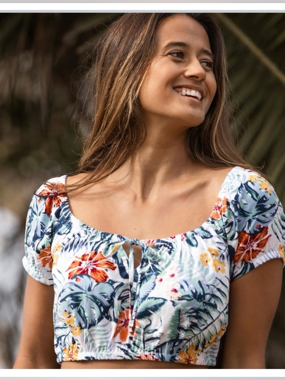 Roxy White Crop Top with Green & Orange Floral Print